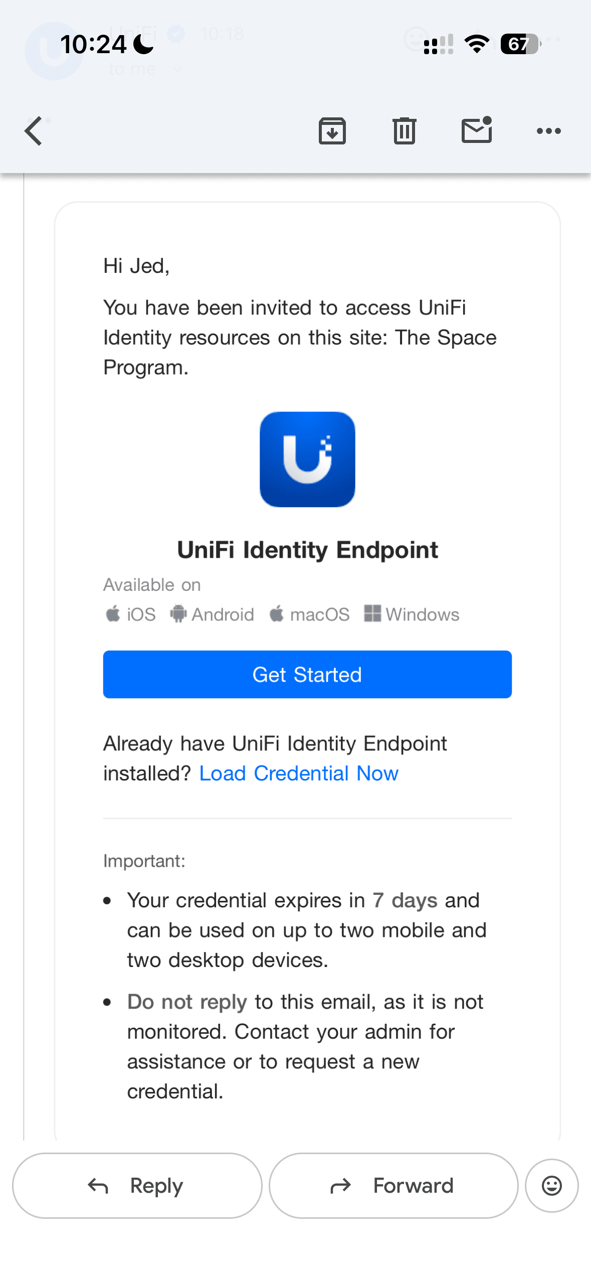 Invitation email screenshot